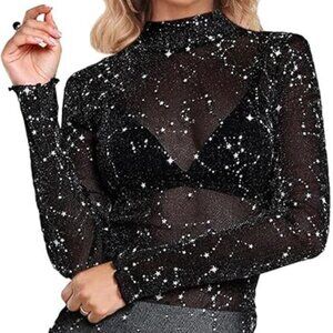 Shein Sheer Celestial Long Sleeve Sparkly Black Silver Mesh Top Women's Size XS